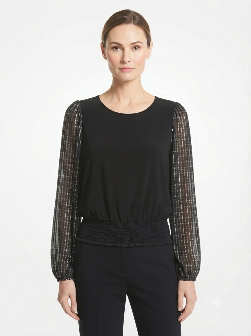 Michael Michael Kors Black Metallic Grid Sleeve Blouse Size Small